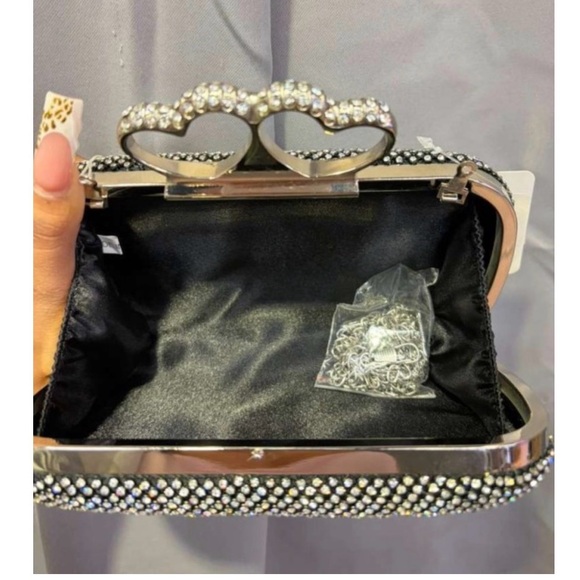 Silver Rhinestone Evening Clutch Crystal Heart Handle Formal Bag New - Picture 4 of 10